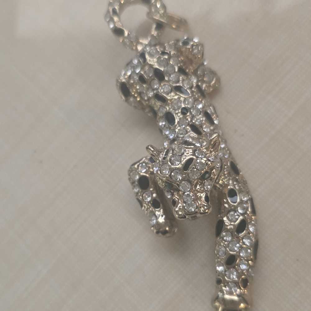 Elegant Gold Tone Black Spots Rhinstones Leopard 3.5in Pendant